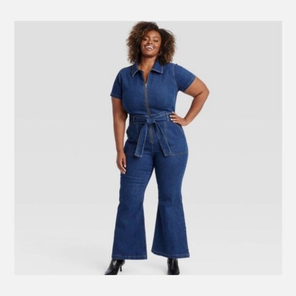 Women's Short Sleeve Denim Jumpsuit - Ava & Viv Dark Wash 24 - Picture 1 of 3
